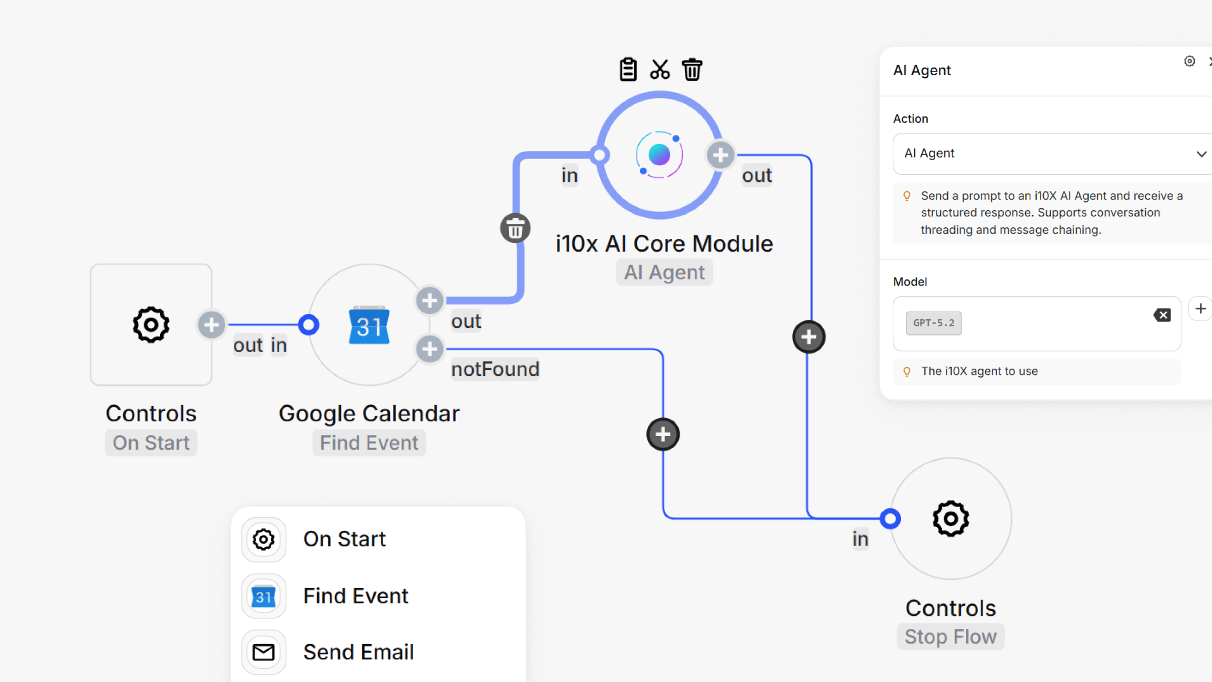 Interface do construtor de fluxo de trabalho mostrando automação via IA