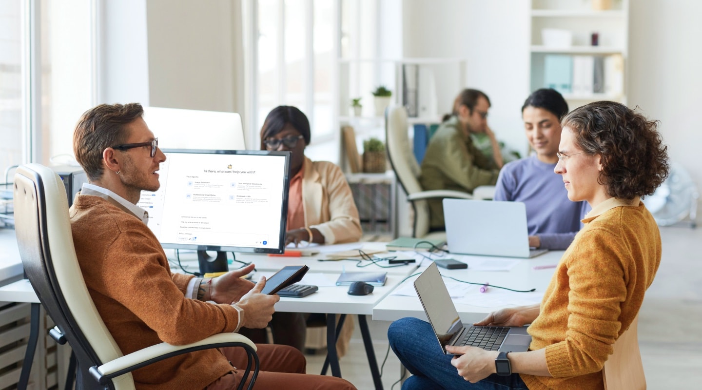 Team collaborating with AI tools