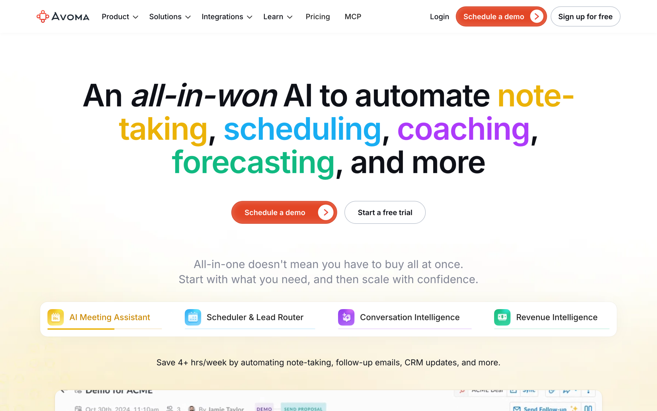Avoma homepage screenshot captured 2026-08-28