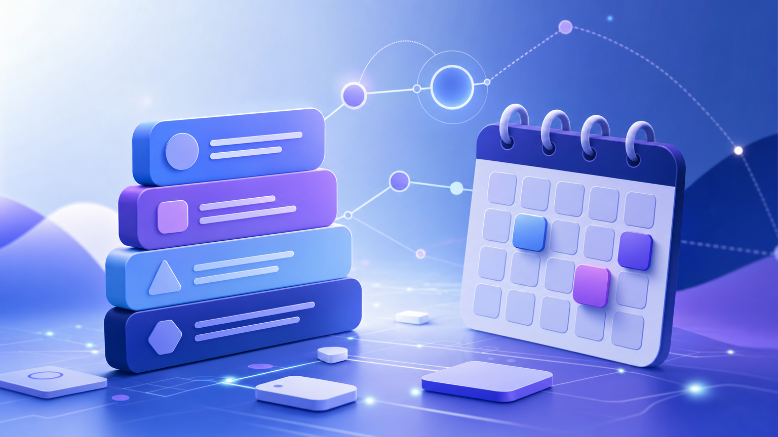 Abstract editorial illustration of lesson blocks and calendar nodes