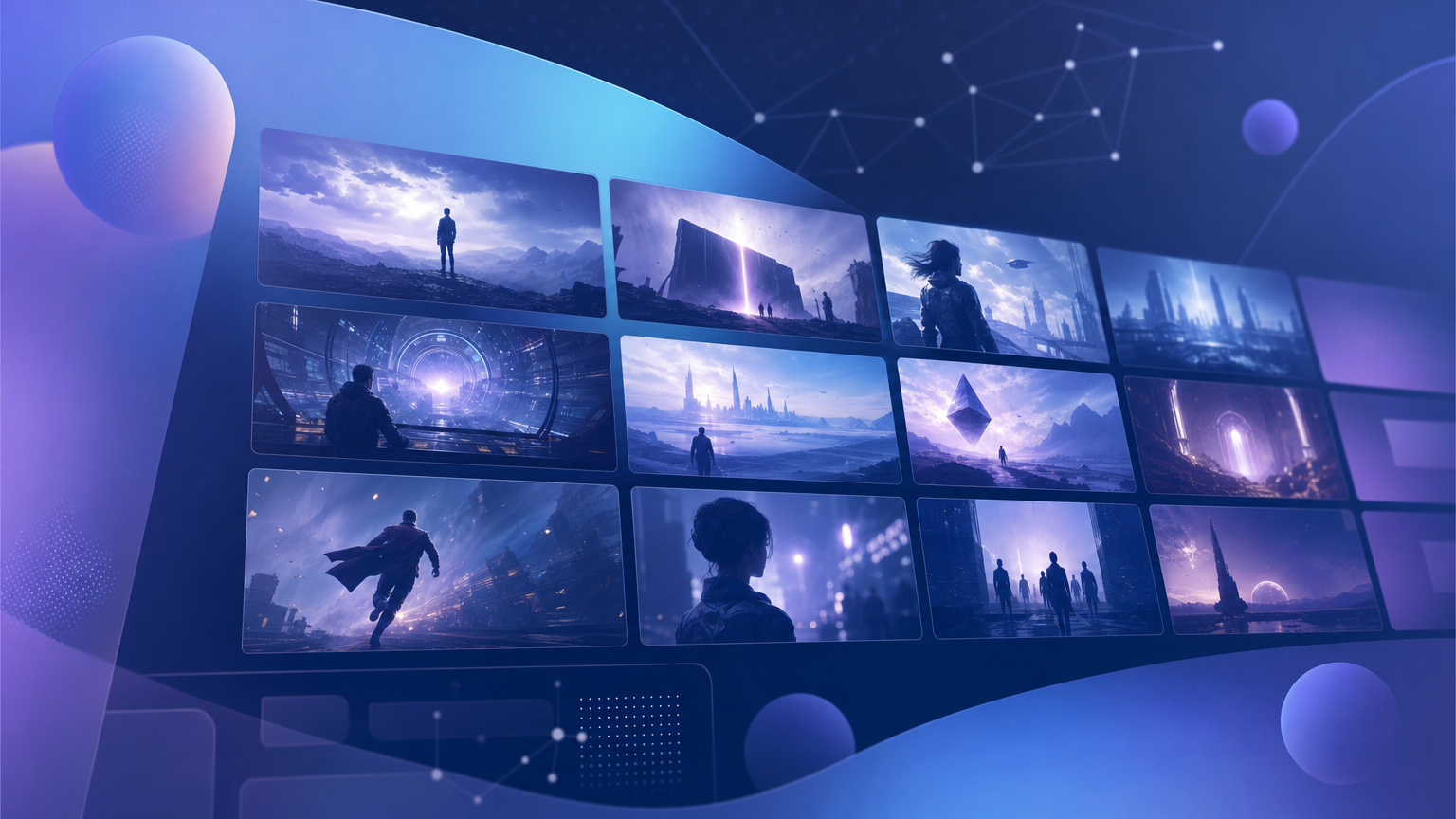 Abstract editorial illustration of film storyboard panels in a grid