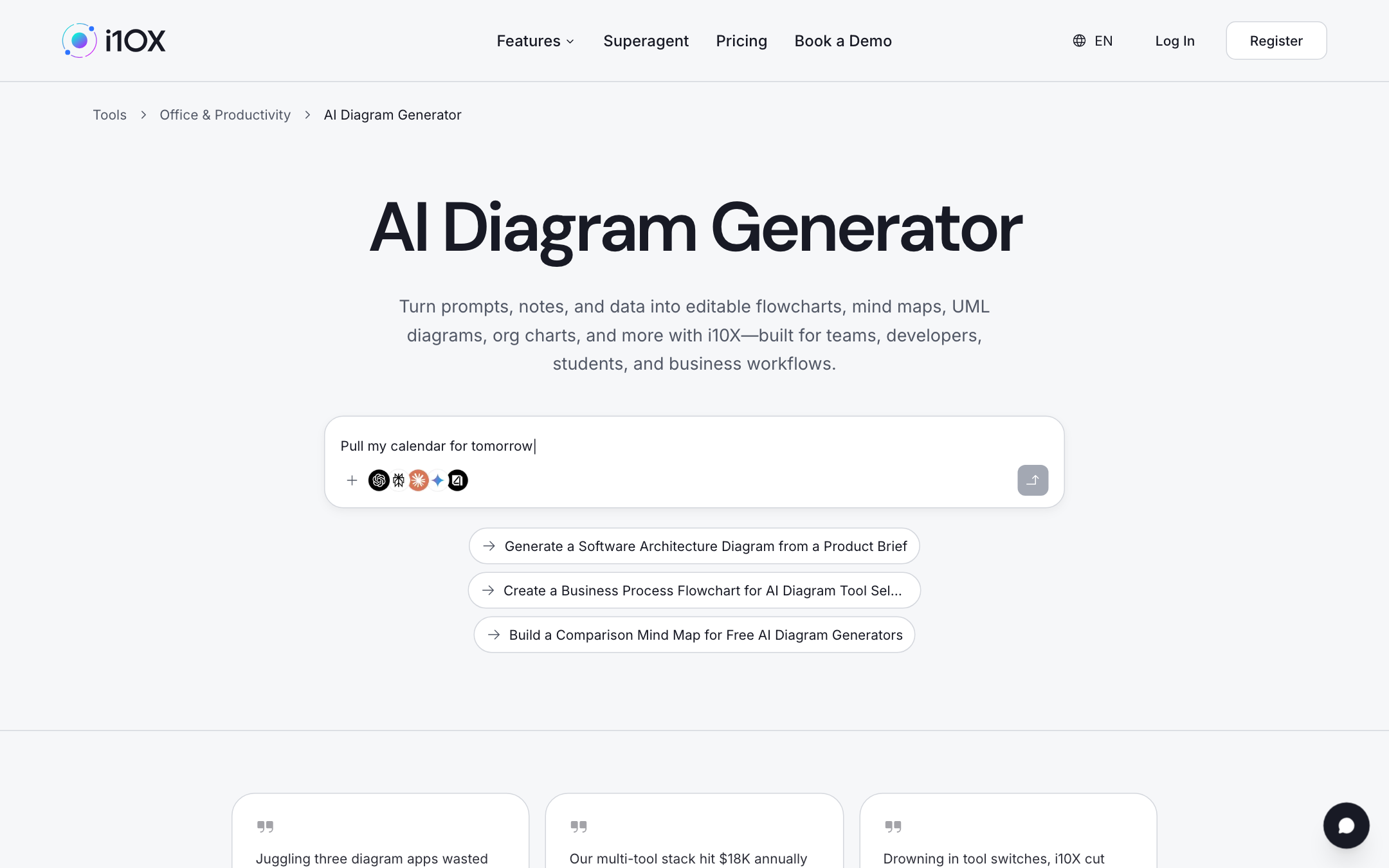 i10X AI Diagram Generator category page with prompt bar and chips for architecture, process flowchart, and comparison mind map