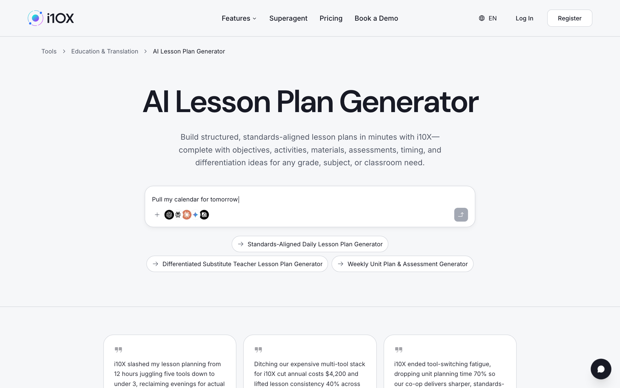 i10X AI Lesson Plan Generator category page with prompt bar and chips for daily plans, substitute plans, and weekly units