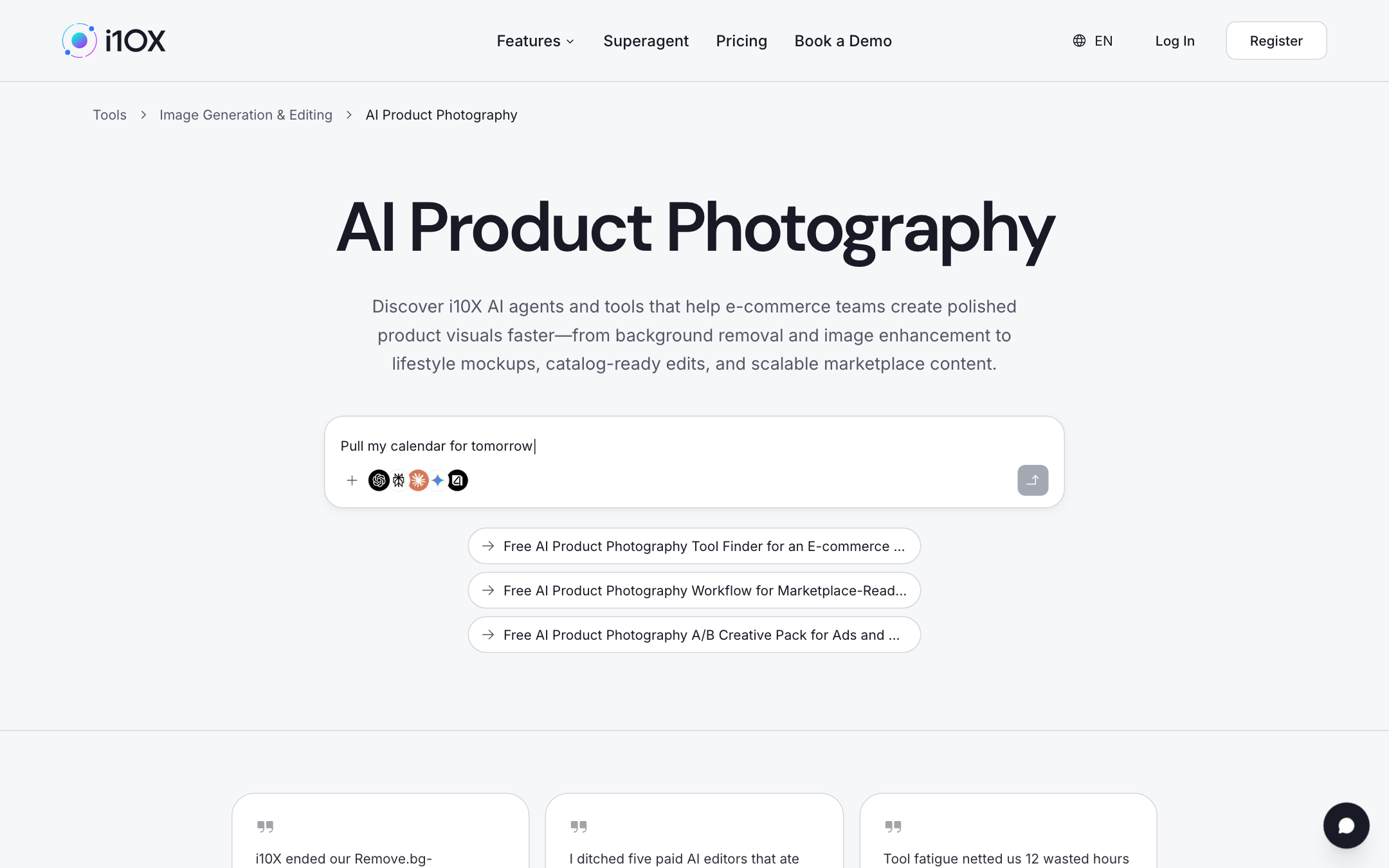 i10X AI Product Photography category page with prompt bar and chips for listing finder, marketplace workflow, and A/B creative pack