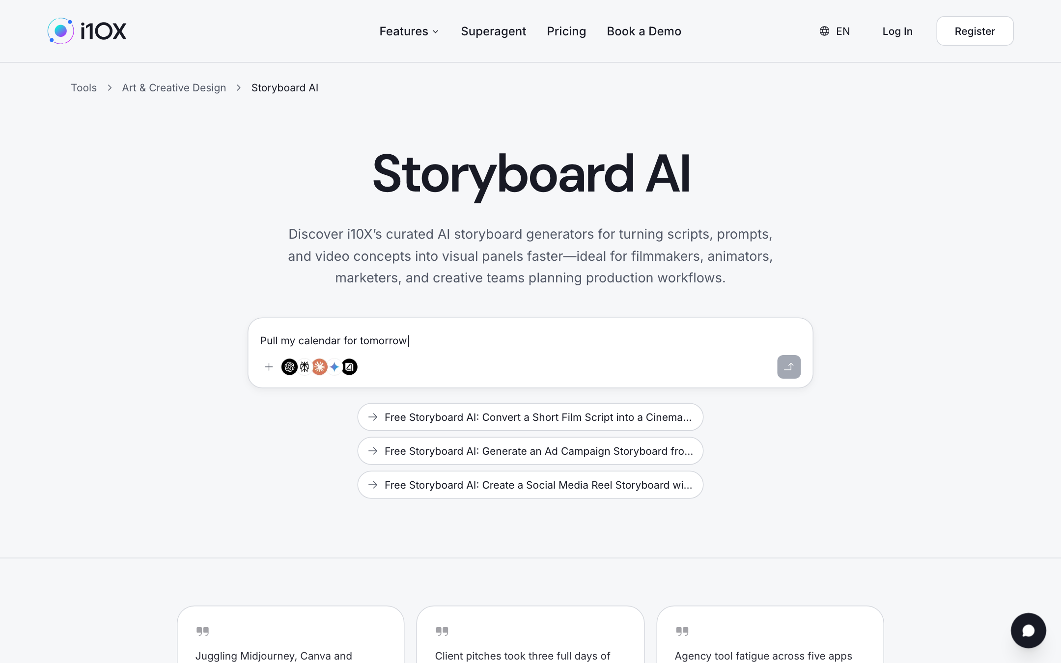 i10X Storyboard AI category page with prompt bar and chips for film, ads, and social reels