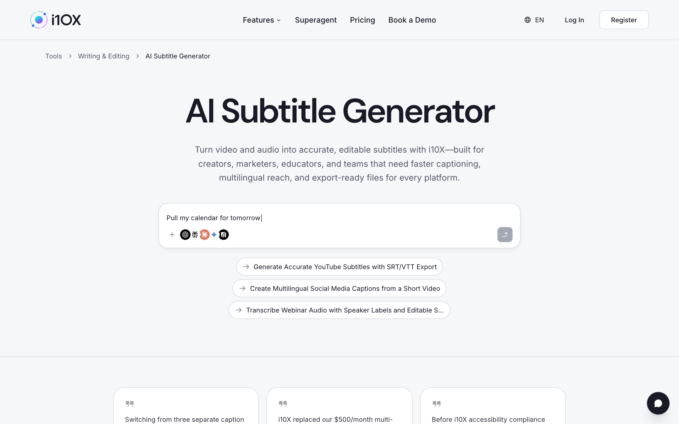 i10X AI Subtitle Generator category page with prompt bar and caption workflow chips