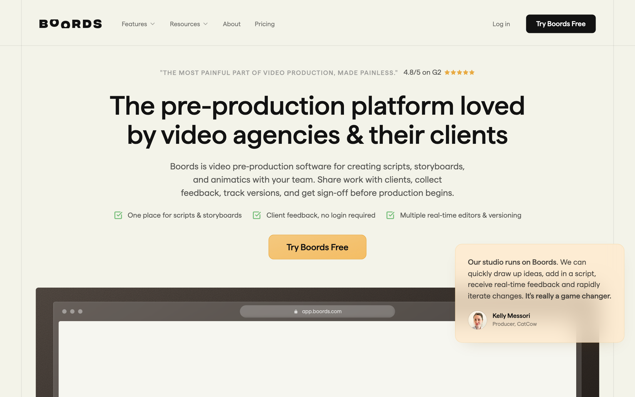 Boords homepage: The pre-production platform loved by video agencies and their clients, Try Boords Free, 4.8 on G2