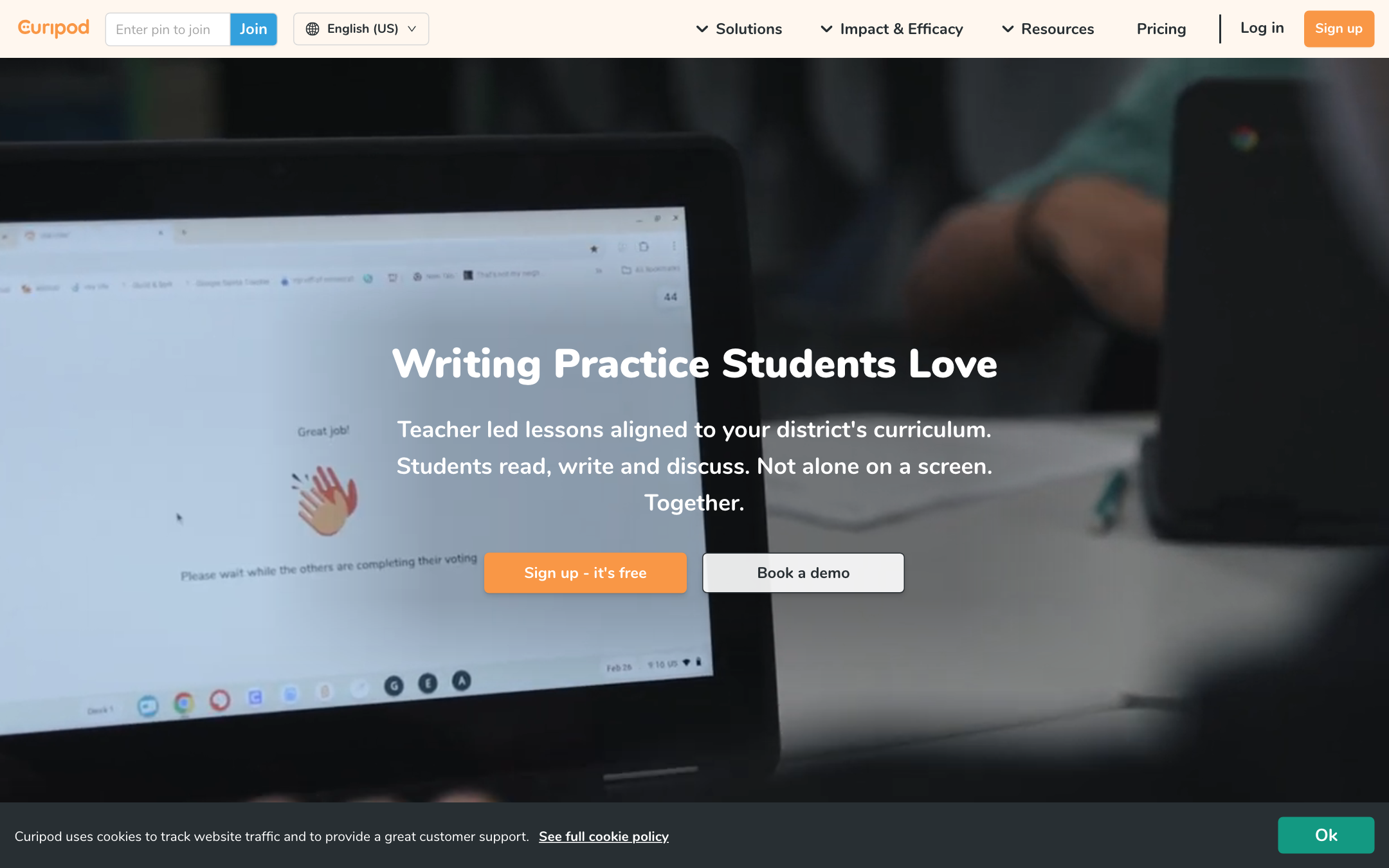 Curipod homepage: Writing Practice Students Love, teacher led lessons, Sign up it is free