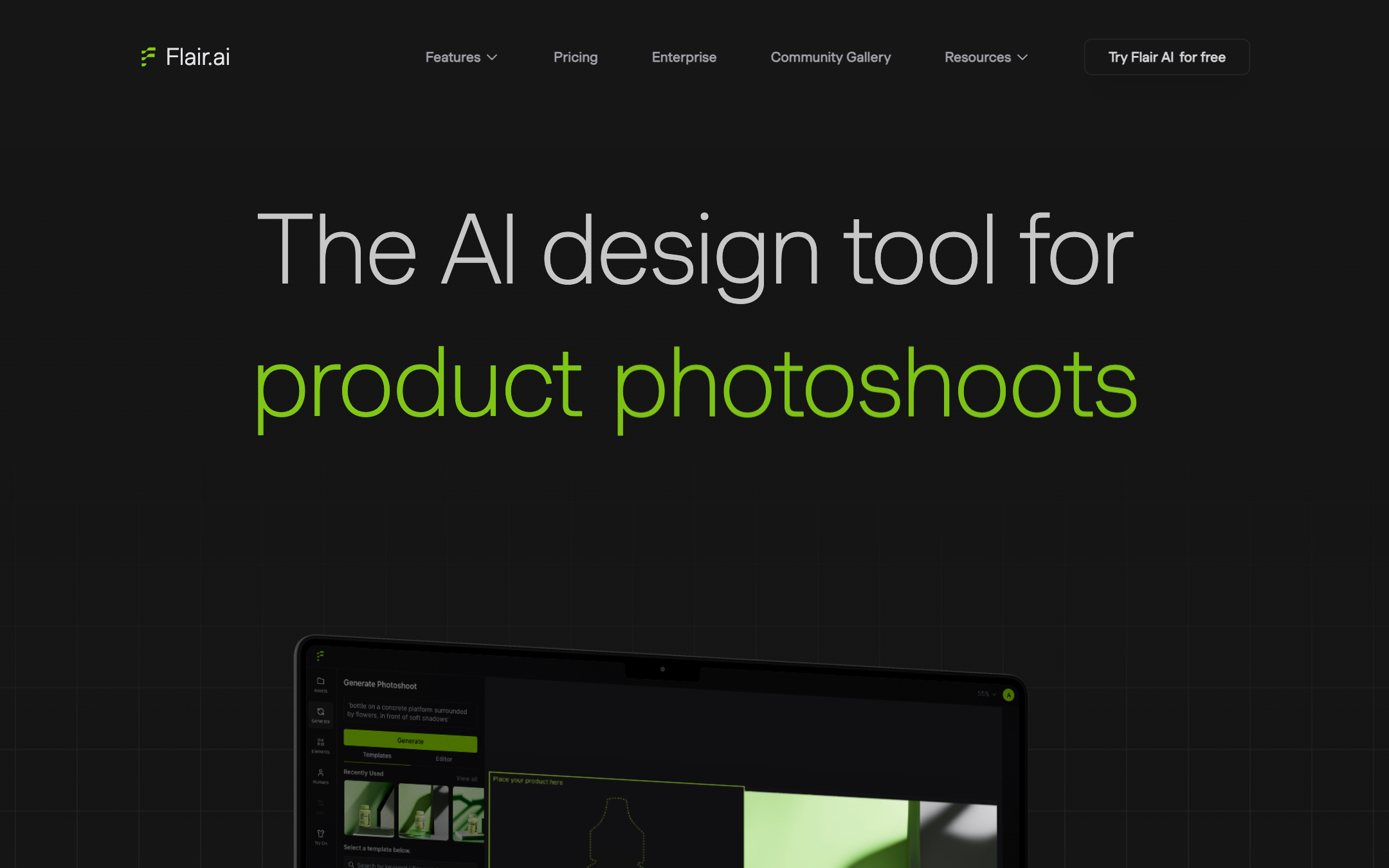Flair.ai homepage: The AI design tool for product photoshoots, Try Flair AI for free, dark canvas UI