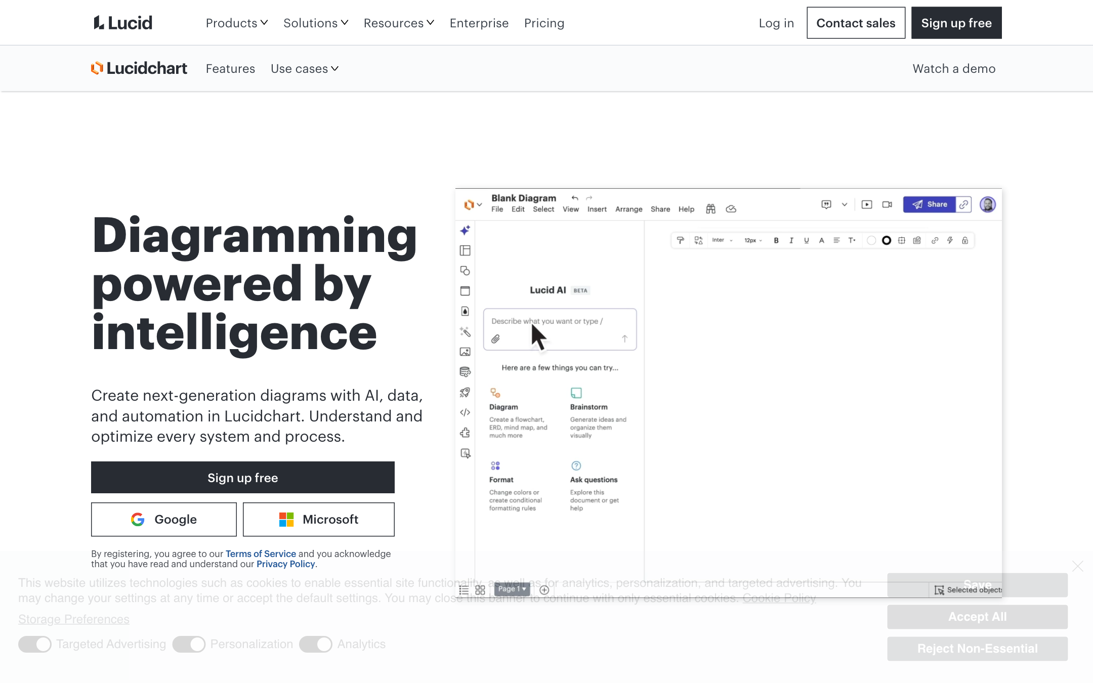 Lucidchart homepage: Diagramming powered by intelligence, Sign up free, Lucid AI prompt on a blank diagram