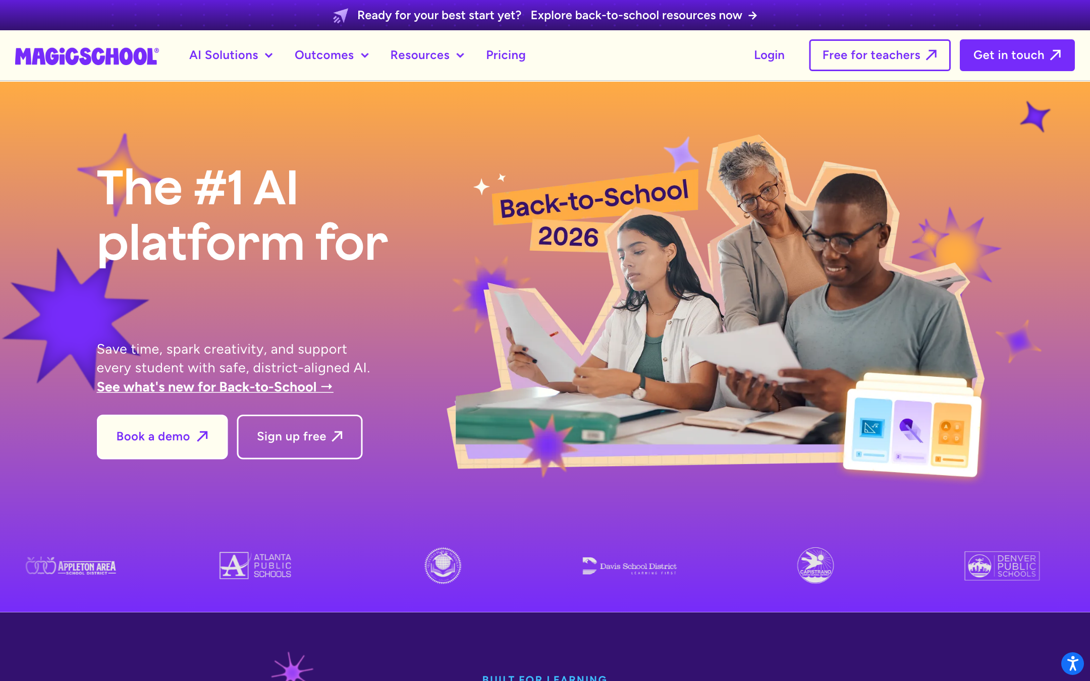 MagicSchool homepage: The number 1 AI platform for educators, Back-to-School 2026, Sign up free, district logos