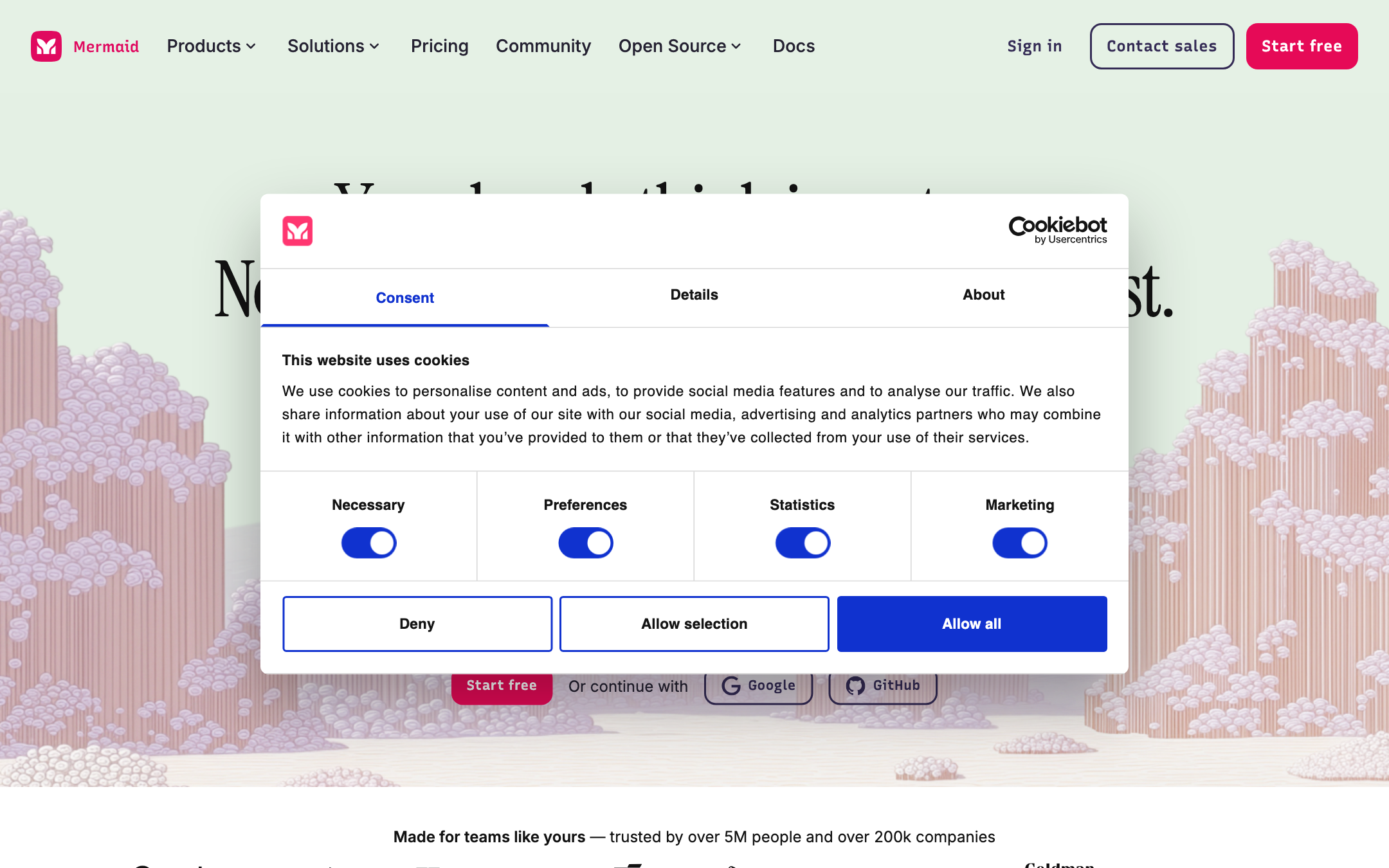 Mermaid homepage with Cookiebot consent modal covering the hero, Start free and Google GitHub buttons visible