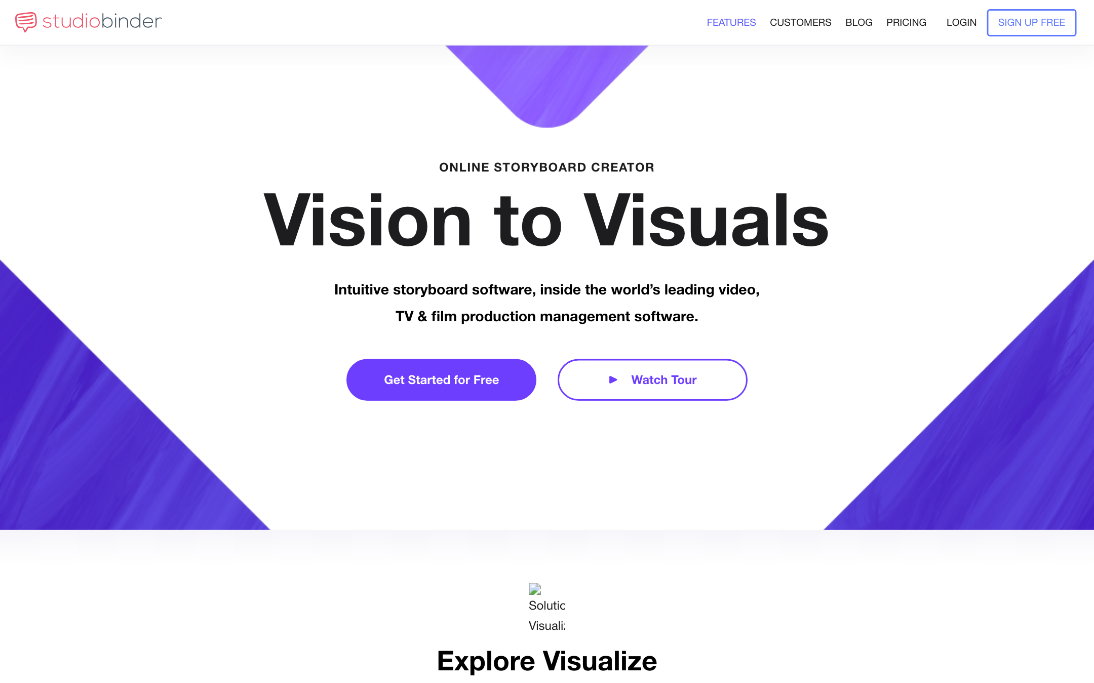 StudioBinder homepage: Online Storyboard Creator, Vision to Visuals, Get Started for Free