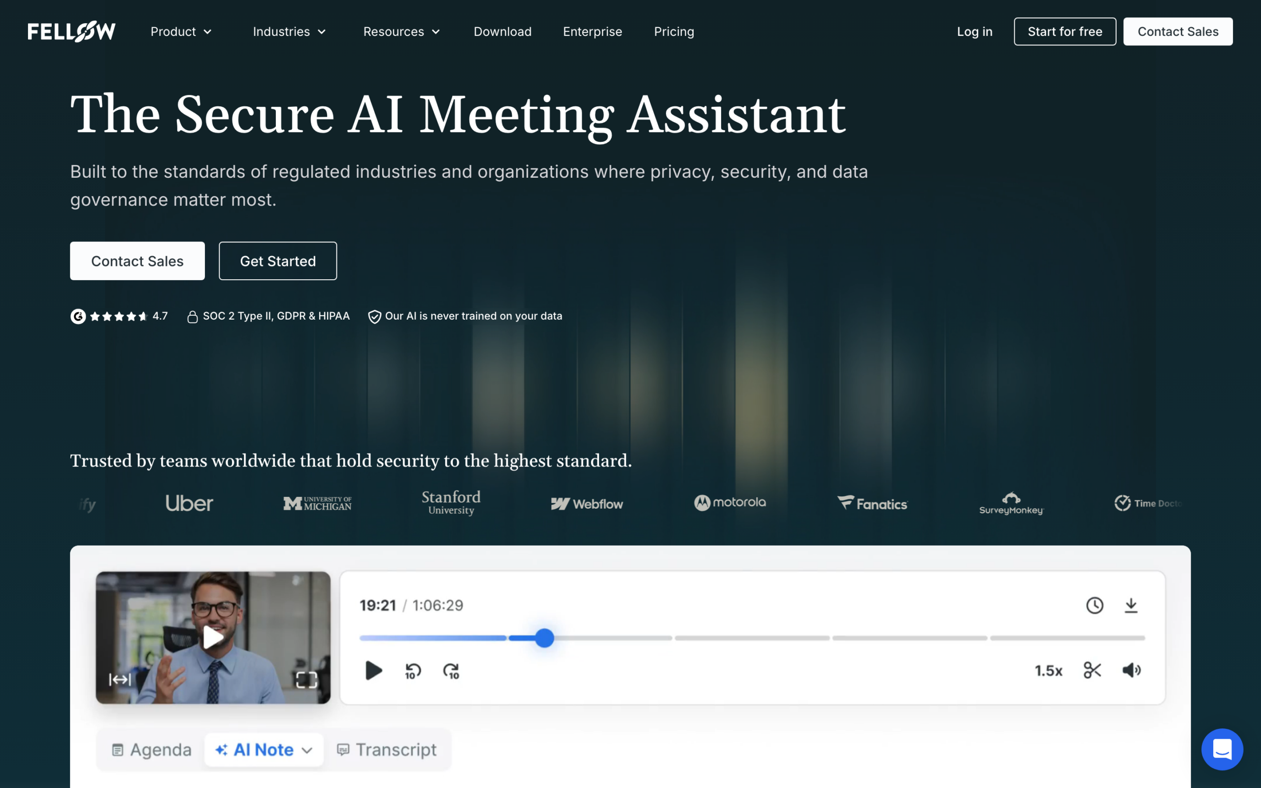 Fellow homepage: The Secure AI Meeting Assistant, SOC 2 GDPR HIPAA, player with Agenda AI Note Transcript
