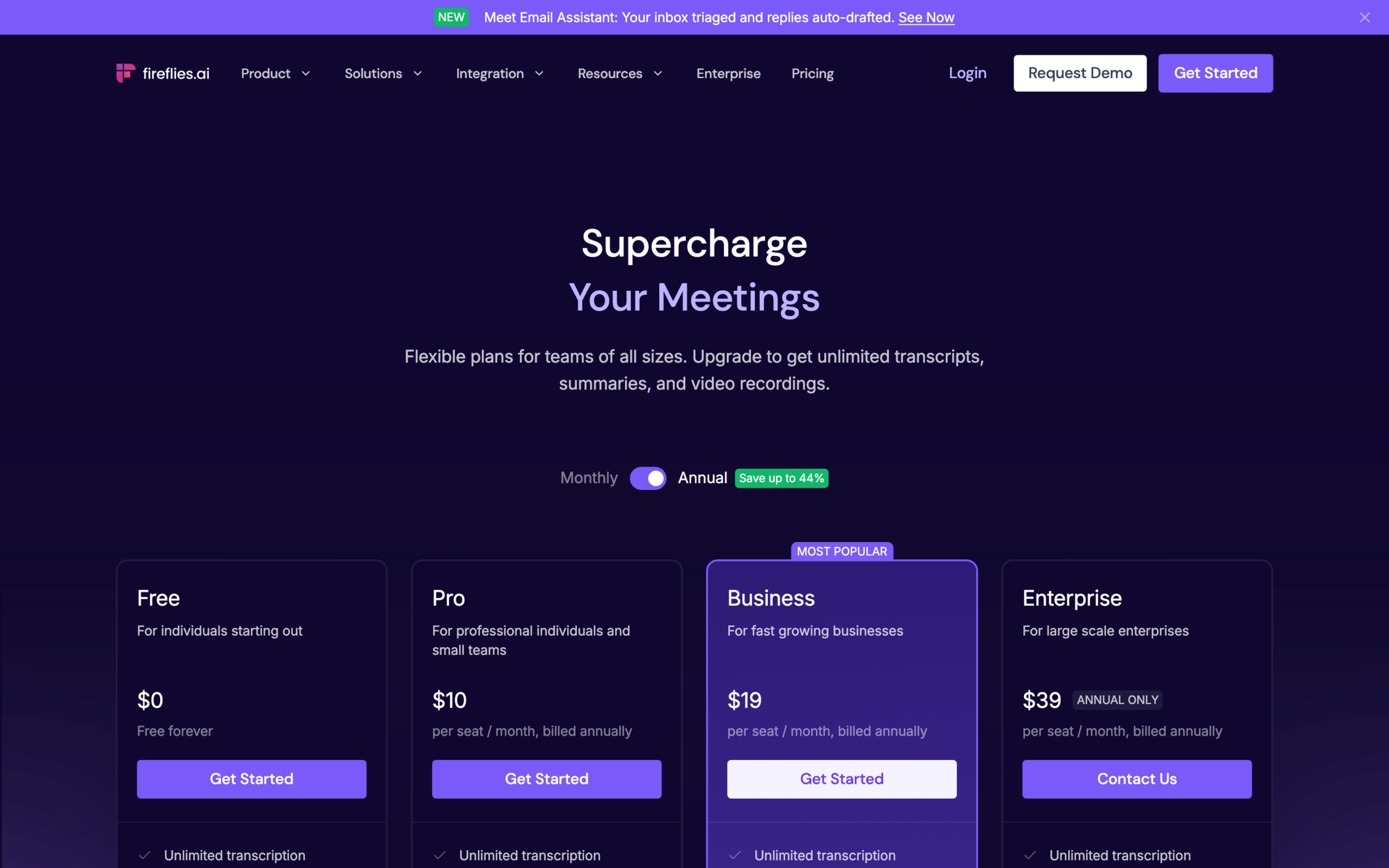 Fireflies pricing cards Free Pro Business Enterprise