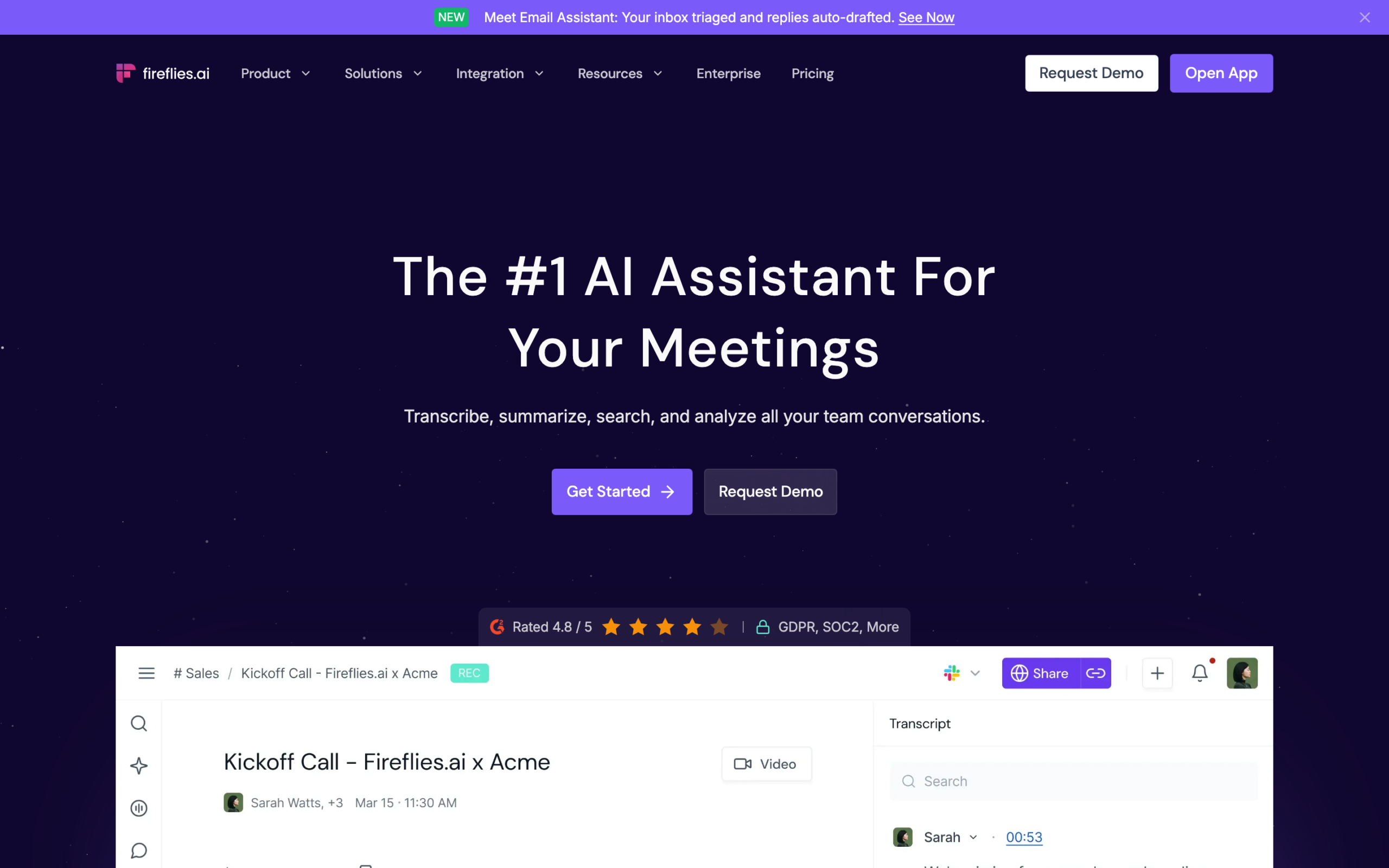Fireflies.ai homepage with product UI of a Kickoff Call transcript and GDPR SOC2 badge