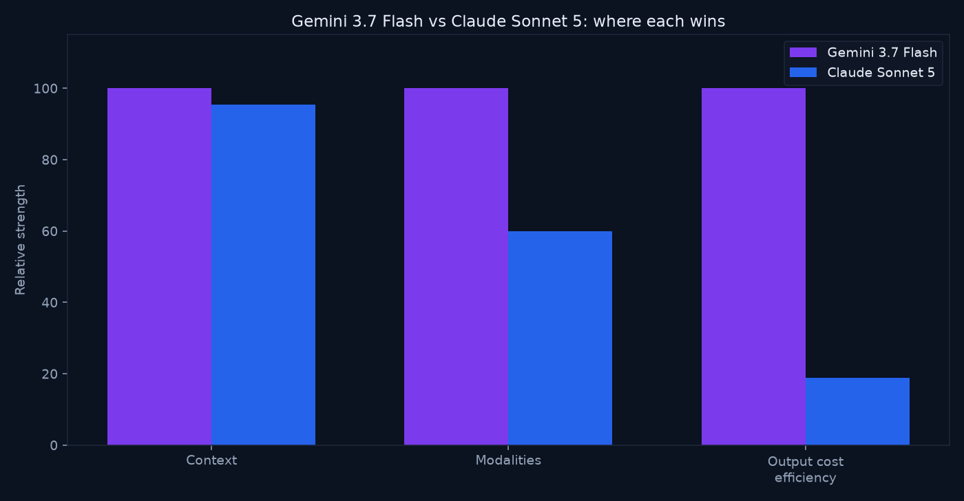 Bar chart comparing Gemini 3.7 Flash and Claude Sonnet 5 on context, modalities, and output cost efficiency