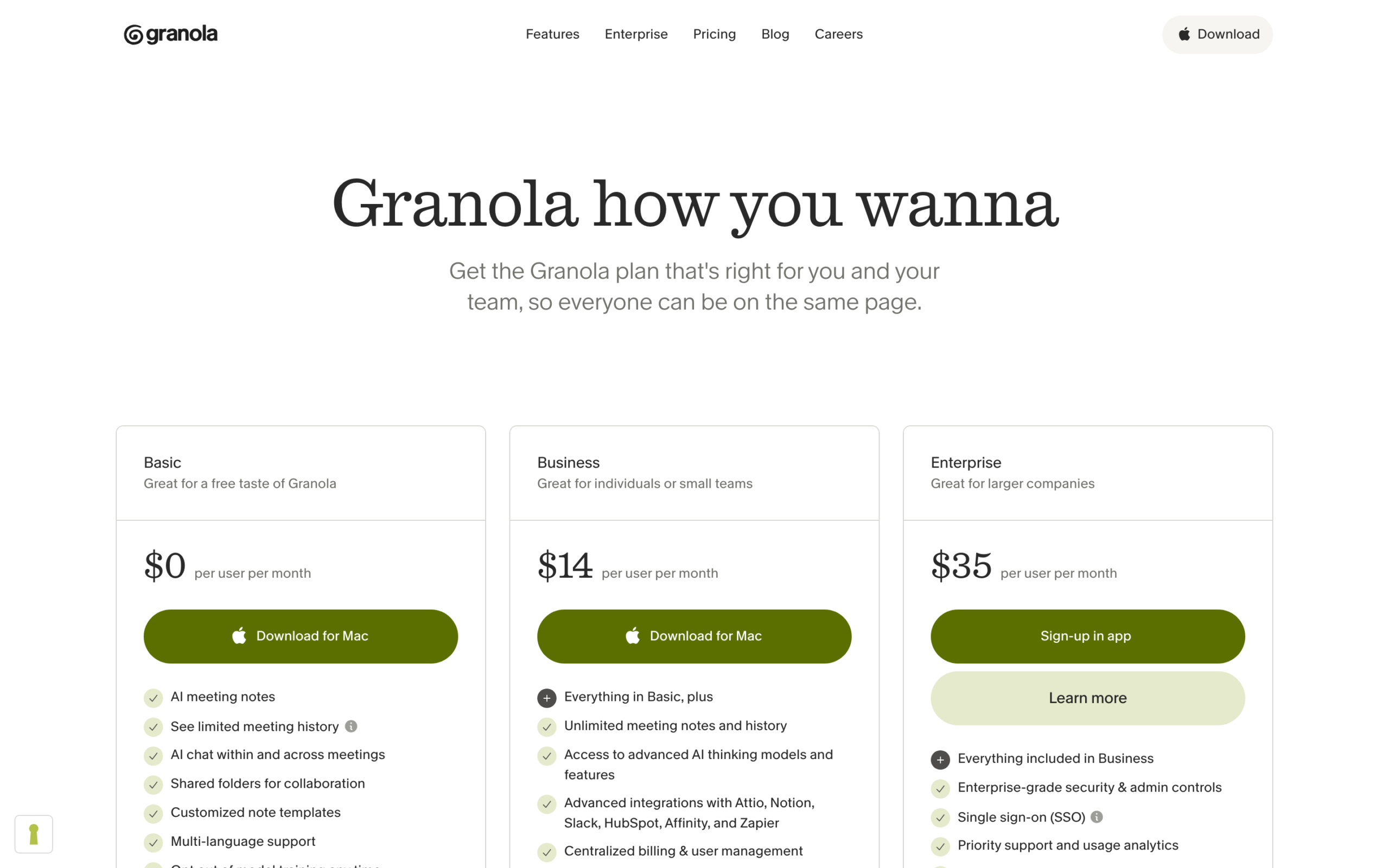 Granola pricing Basic 0, Business 14, Enterprise 35 per user per month