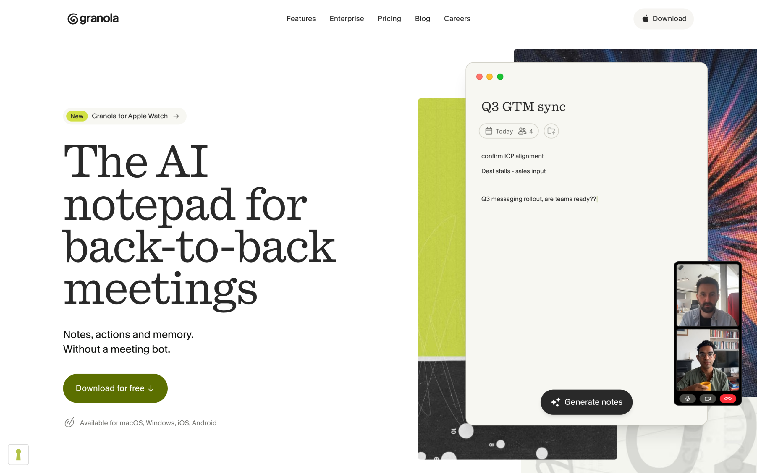 Granola homepage: The AI notepad for back-to-back meetings, without a meeting bot, notepad UI Q3 GTM sync