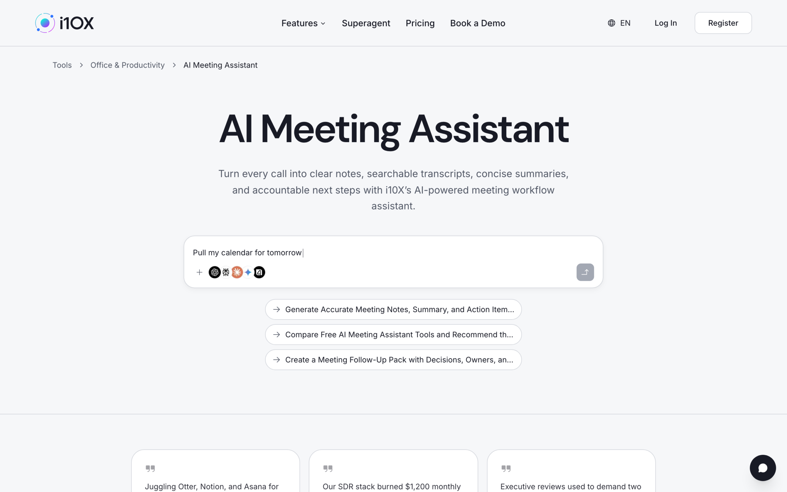 i10X AI Meeting Assistant category page with prompt bar and workflow chips