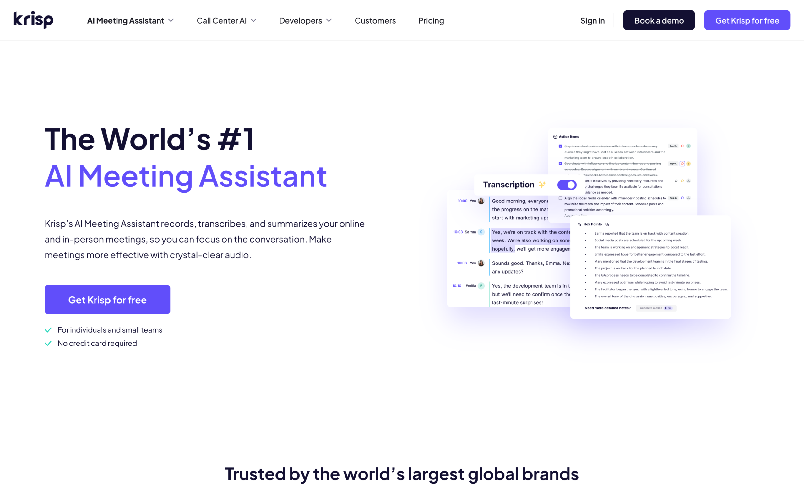 Krisp homepage: The Worlds number 1 AI Meeting Assistant with transcript and action-item UI