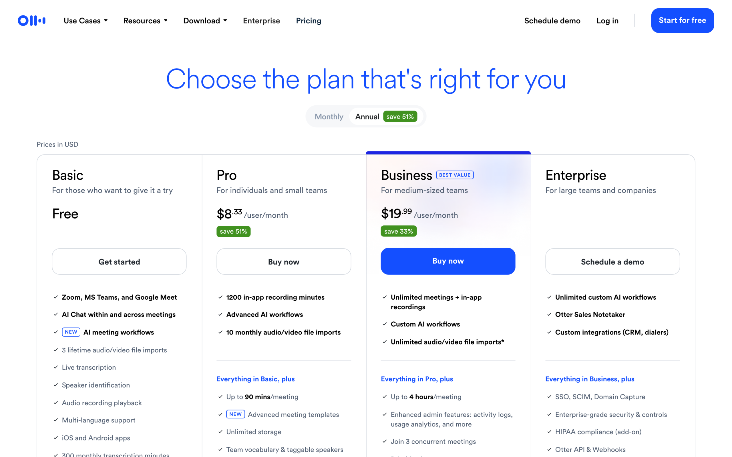 Otter.ai pricing: Basic free, Pro 16.99 monthly or 8.33 annual, Business 30 monthly