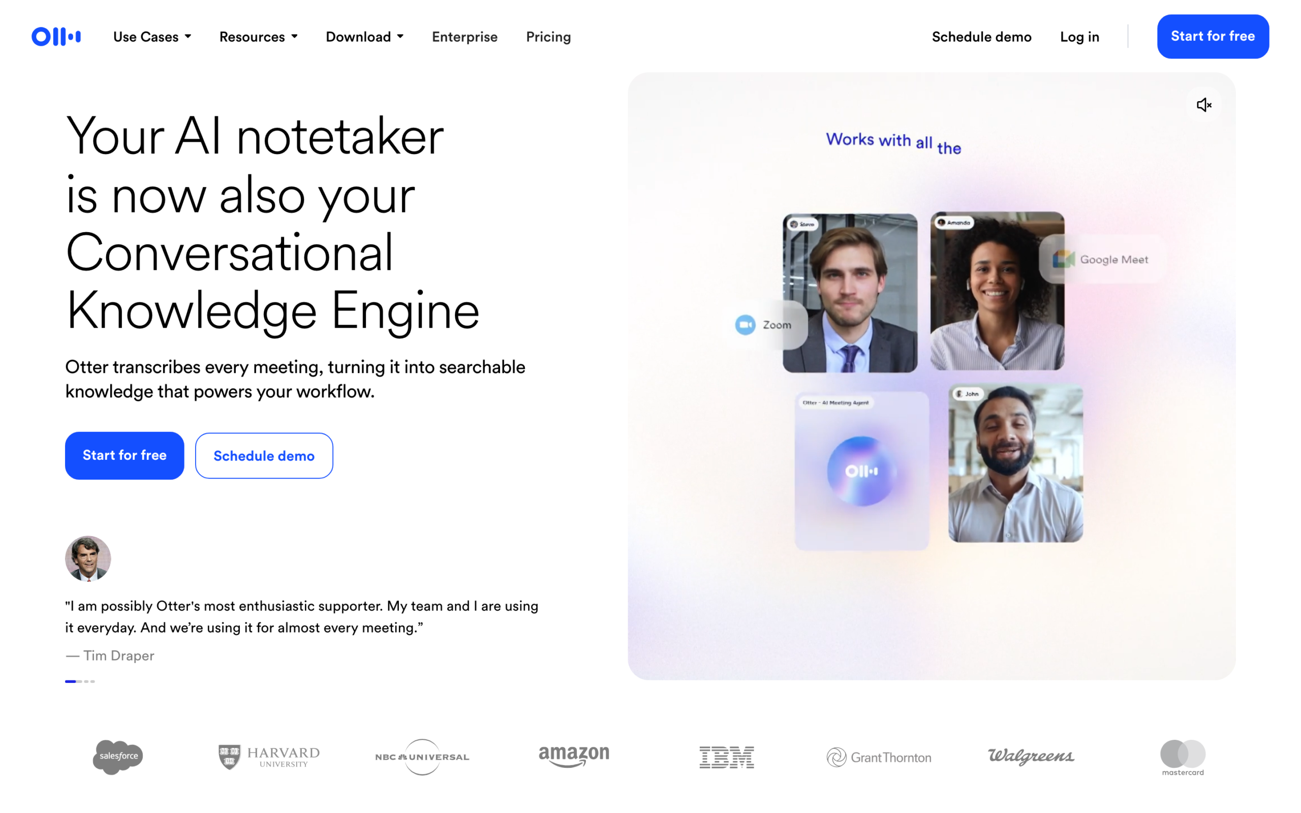 Otter.ai homepage: Your AI notetaker is now also your Conversational Knowledge Engine, Zoom and Google Meet tiles