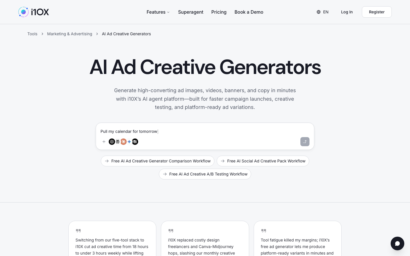 i10X AI Ad Creative Generators category page with prompt bar and chips for comparison, social ad packs, and A/B testing