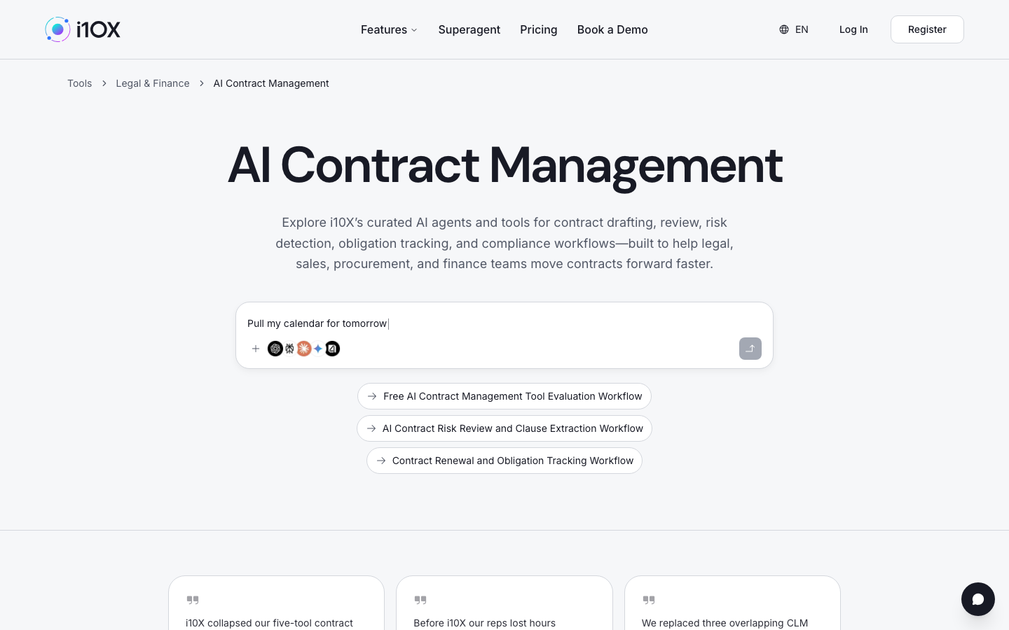 i10X AI Contract Management category page with prompt bar and review workflow chips