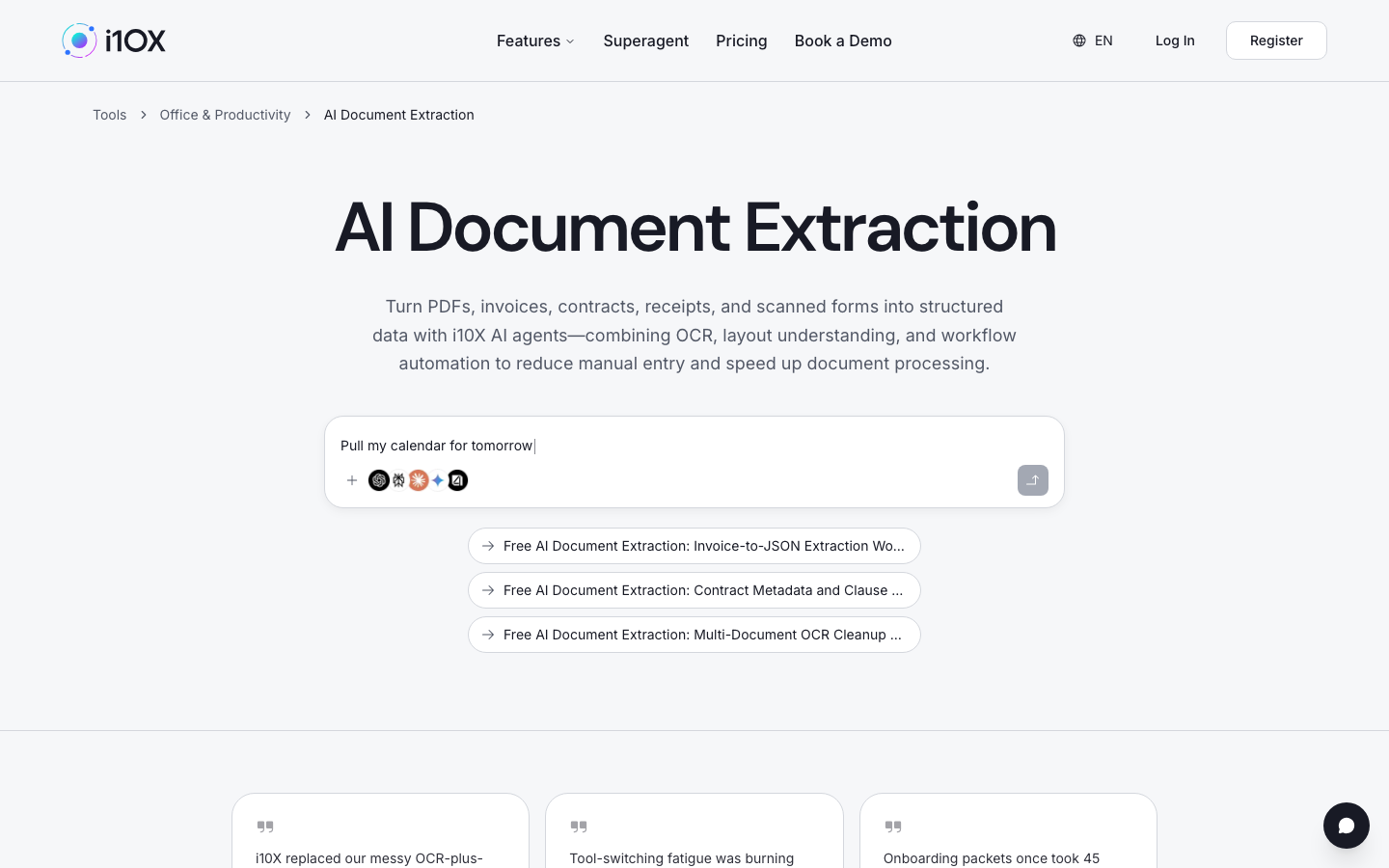 i10X AI Document Extraction category page with prompt bar and chips for invoice JSON, contract metadata, and multi-document OCR