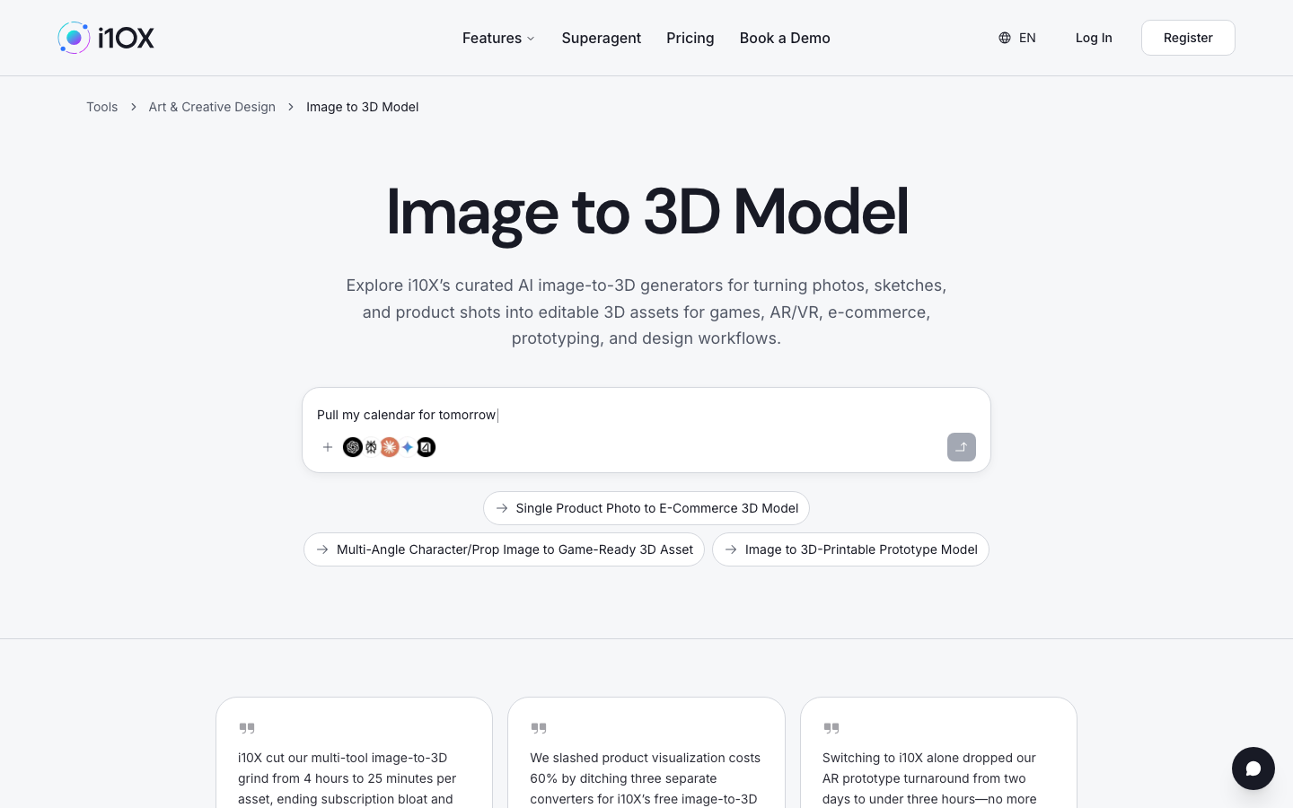 i10X Image to 3D Model category page with prompt bar and chips for ecommerce 3D, game-ready assets, and printable prototypes