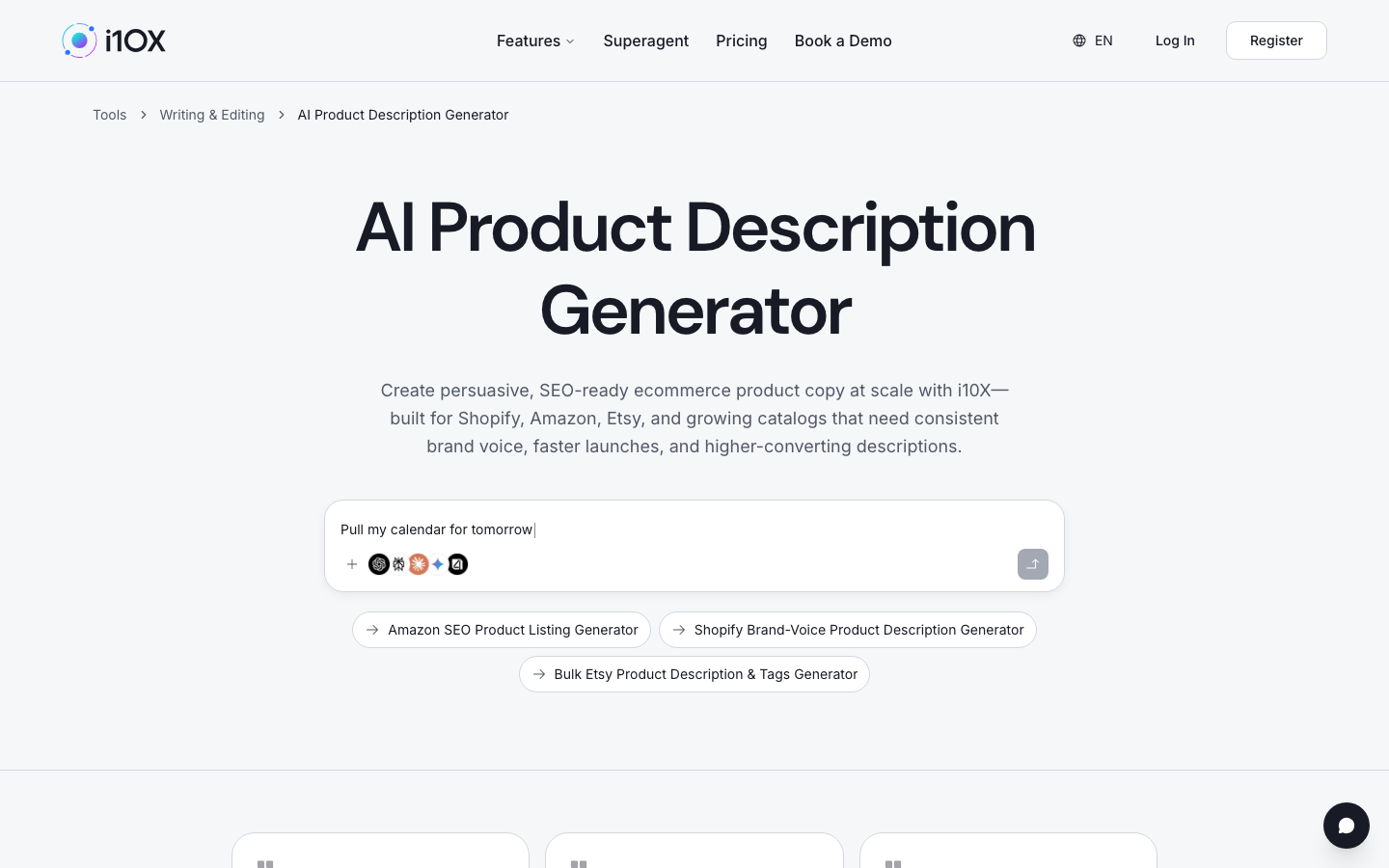 i10X AI Product Description Generator category page with prompt bar and chips for Amazon listings, Shopify brand voice, and bulk Etsy tags