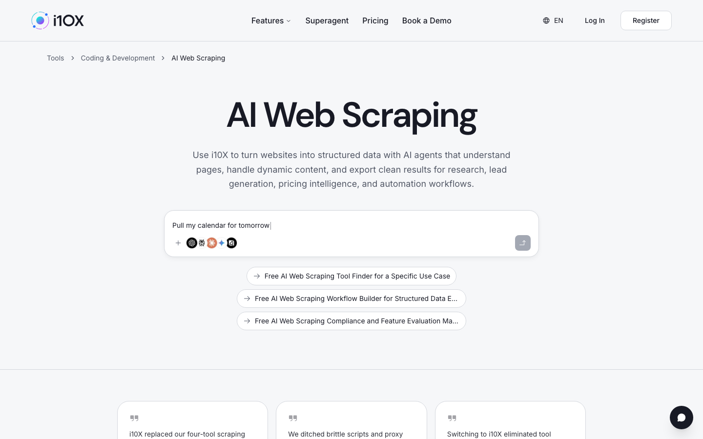 i10X AI Web Scraping category page with prompt bar and extraction workflow chips