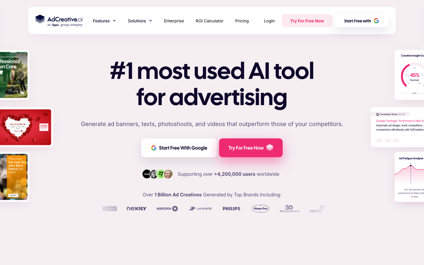 AdCreative.ai homepage screenshot captured 2026-08-28: AI ad creative generator with scoring and video