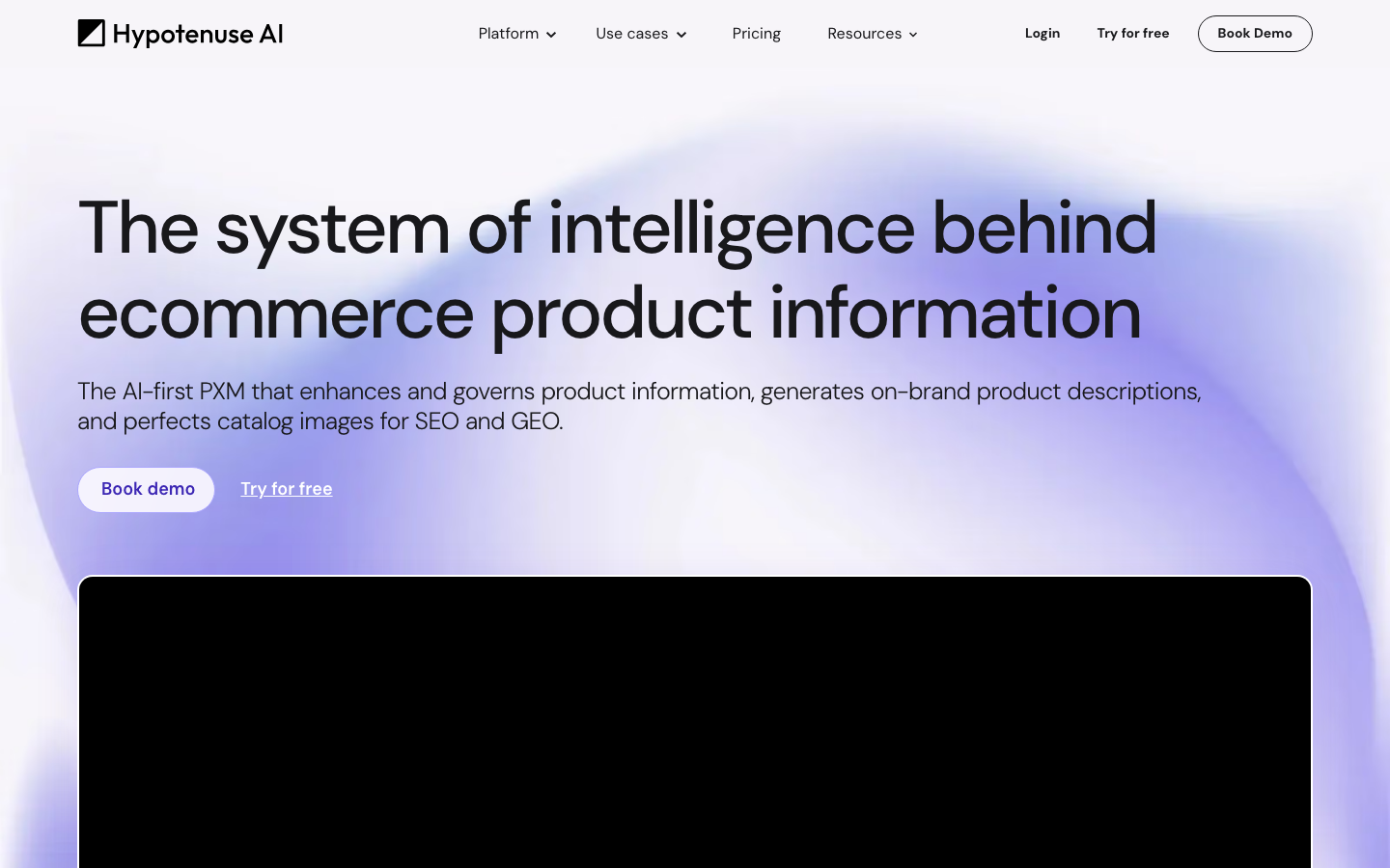 Hypotenuse AI homepage screenshot captured 2026-08-28: AI-first PXM platform for ecommerce