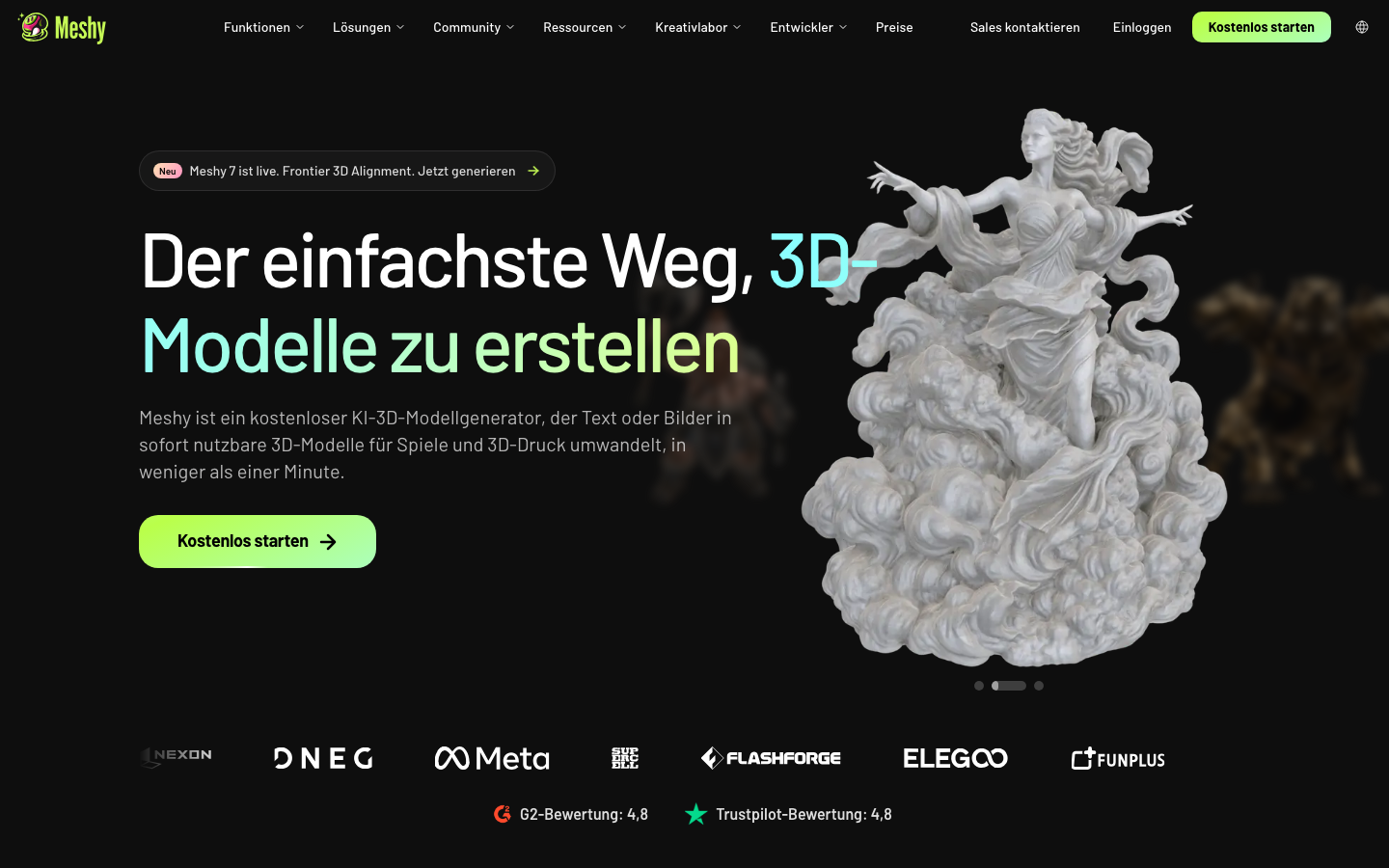 Meshy homepage screenshot captured 2026-08-28: AI 3D model generator from text and images