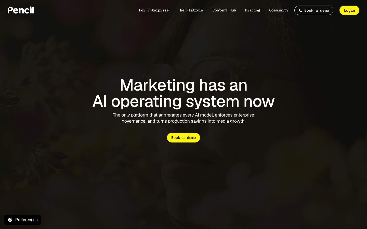 Pencil homepage screenshot captured 2026-08-28: Marketing has an AI operating system now