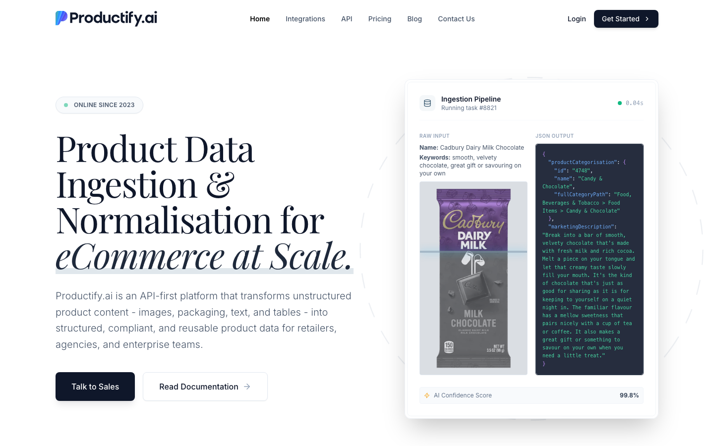 Productify.ai homepage screenshot captured 2026-08-28: product data ingestion and normalisation for ecommerce