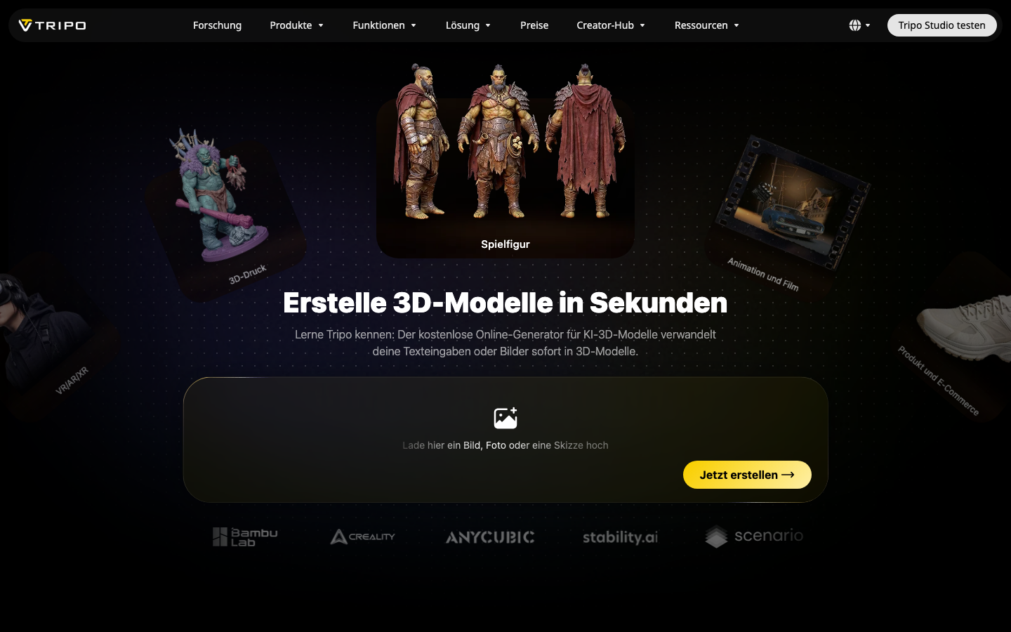 Tripo homepage screenshot captured 2026-08-28 in German locale: Erstelle 3D-Modelle in Sekunden