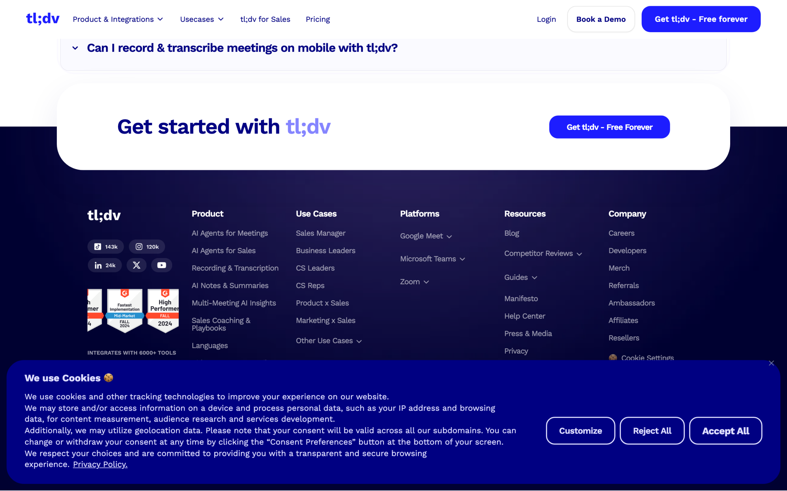 tl;dv homepage screenshot captured 2026-08-28