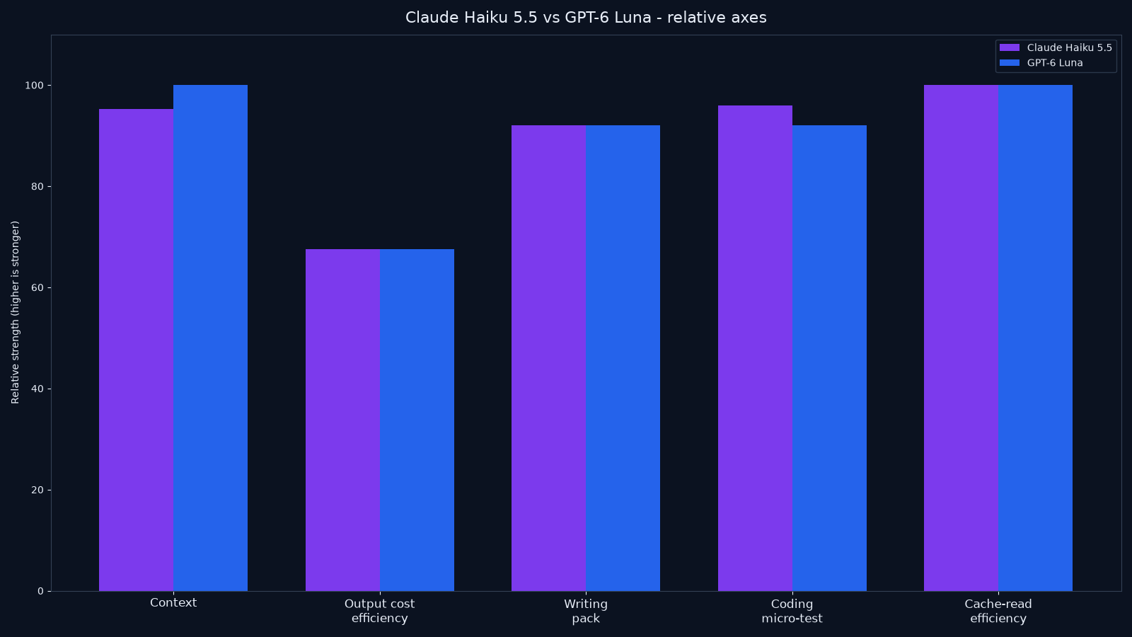 Bar chart comparing Claude Haiku 5.5 and GPT-6 Luna on context window, output cost efficiency, writing tightness, coding micro-test, and cache-read price