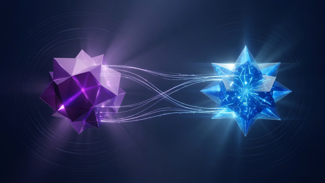 Abstract editorial illustration in violet and blue for grok 4 7 vs claude opus 5 5