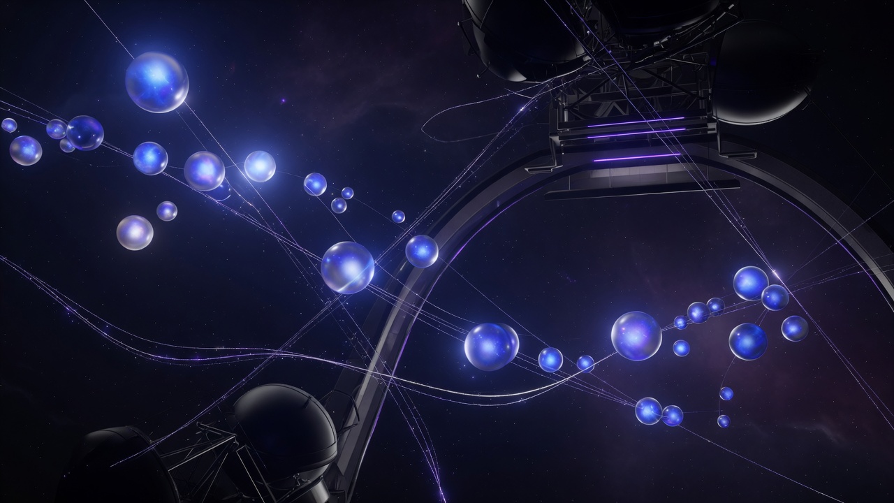 Abstract editorial illustration in violet and blue for grok 4 7 vs gemini 3 8 flash