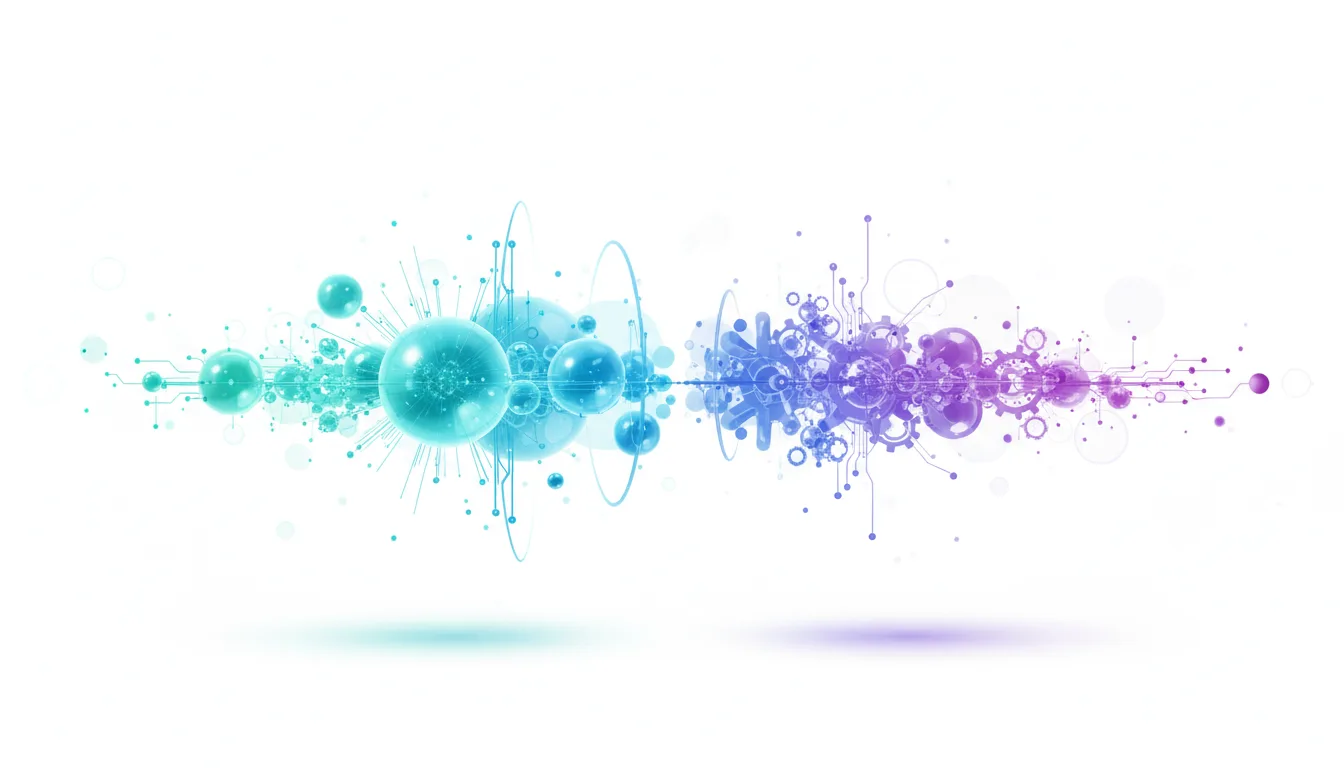 Abstract visualization of interconnected spheres and geometric shapes in blue and purple hues, representing AI data and networks.