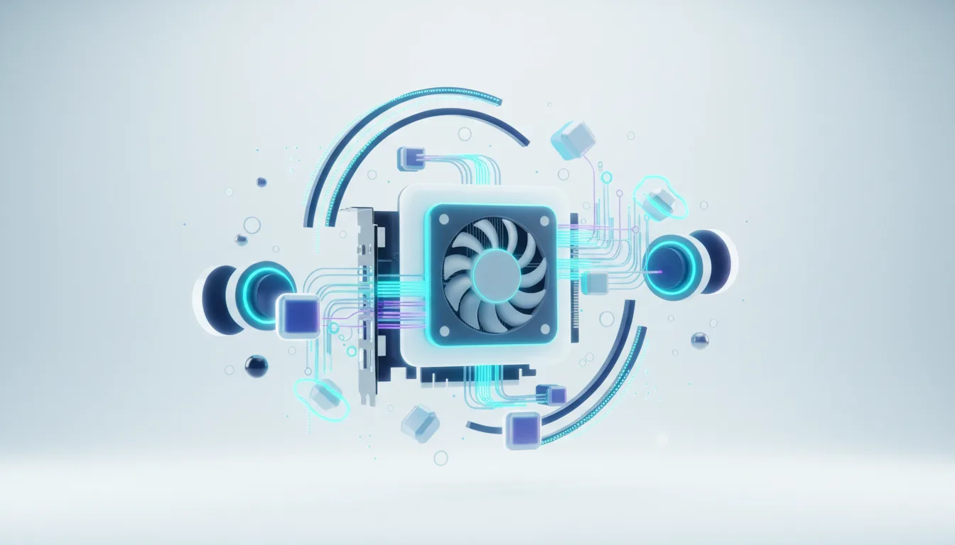 Abstract visualization of a computer graphics card with a fan and glowing circuits, representing local AI hardware.