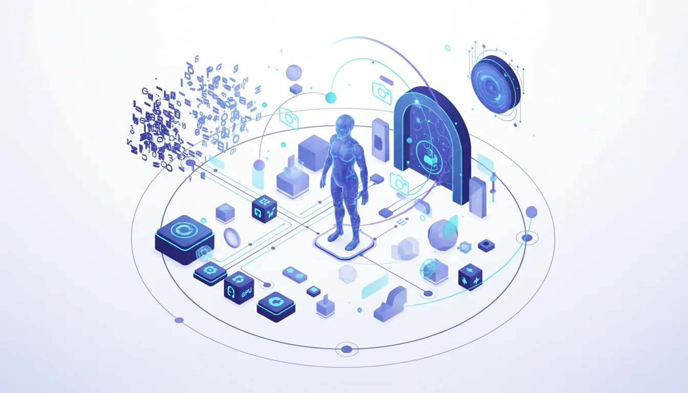 Abstract 3D visualization of AI directing, showing a human figure surrounded by data nodes and interconnected digital elements.