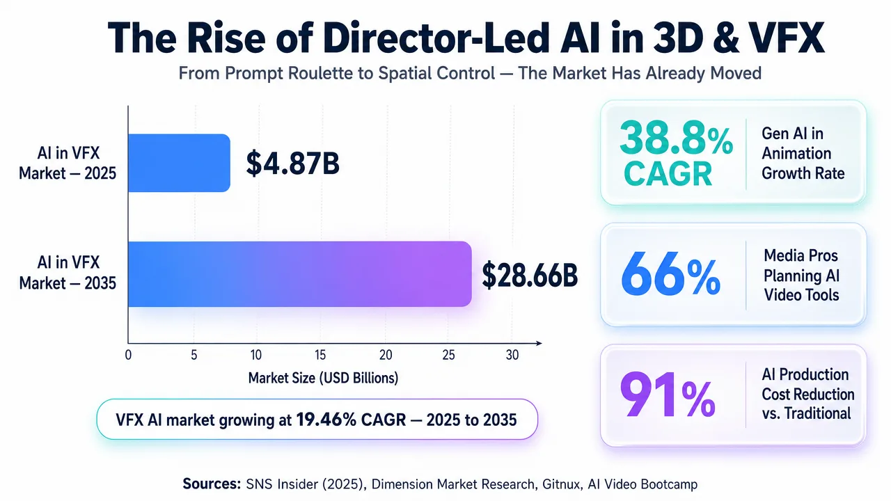 Bar chart illustrating the rise of director-led AI in 3D and VFX, showing market growth and CAGR percentages.