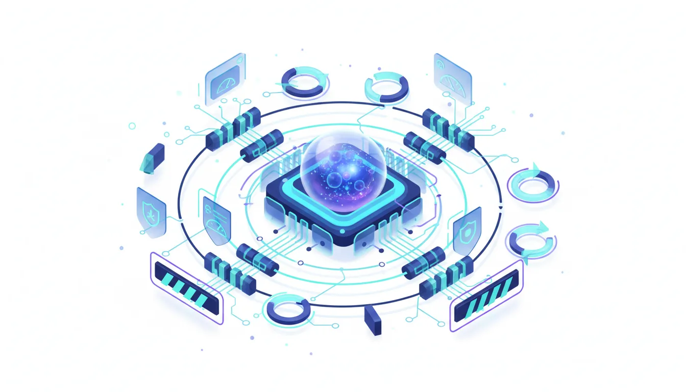 Central AI core with surrounding circuits, data streams, and governance icons representing autonomous agent systems.
