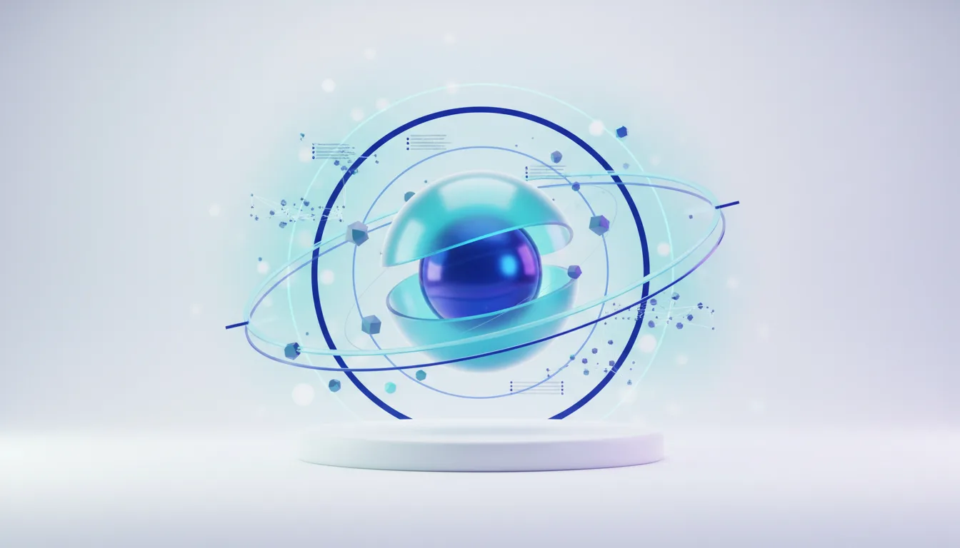 Abstract visualization of a core AI model with orbiting rings and data points, representing agent honesty and transparency in AI systems.