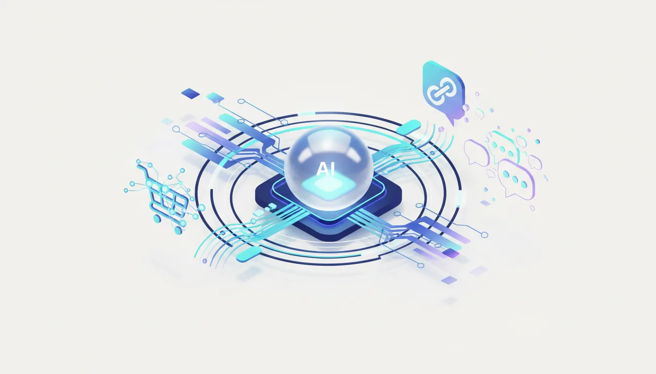 Abstract AI chip at the center of a digital network with shopping cart and chat icons, symbolizing AI in commerce.